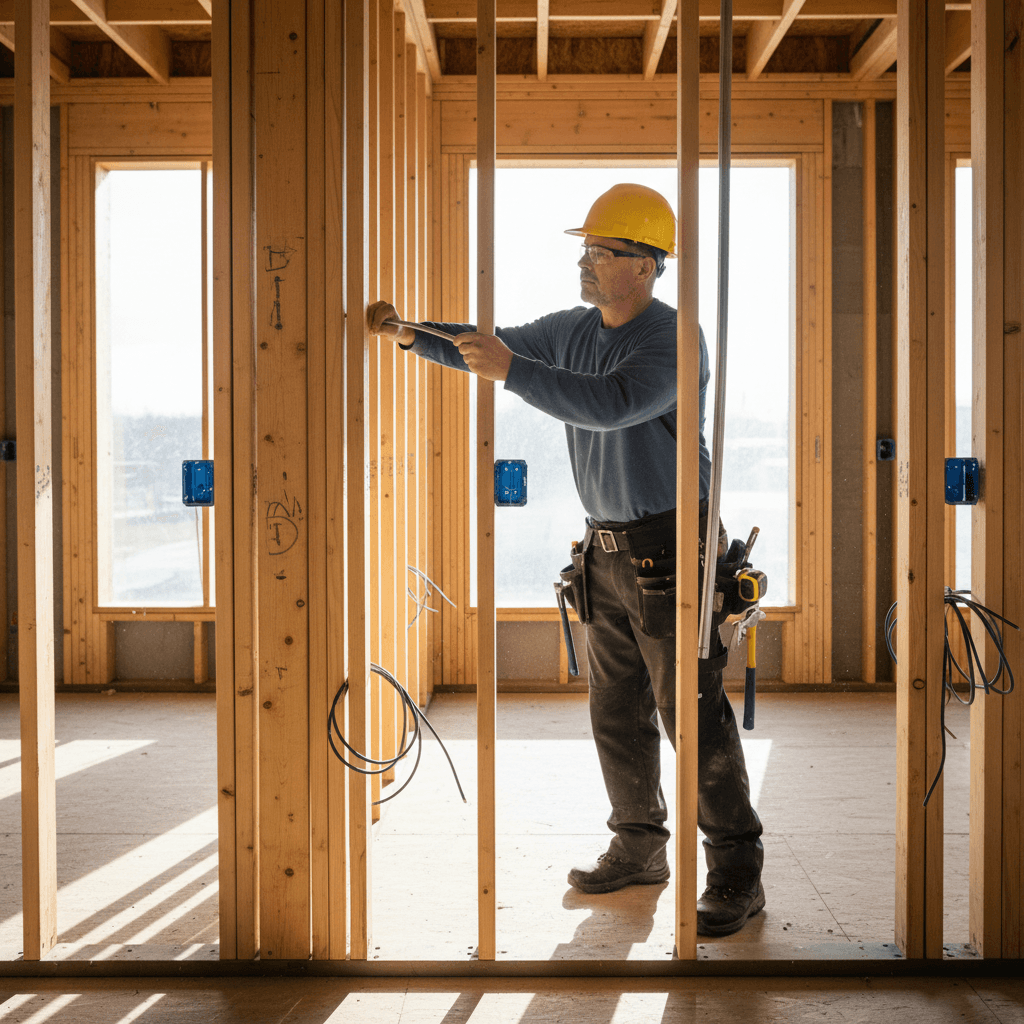 Electrician running conduit during new construction