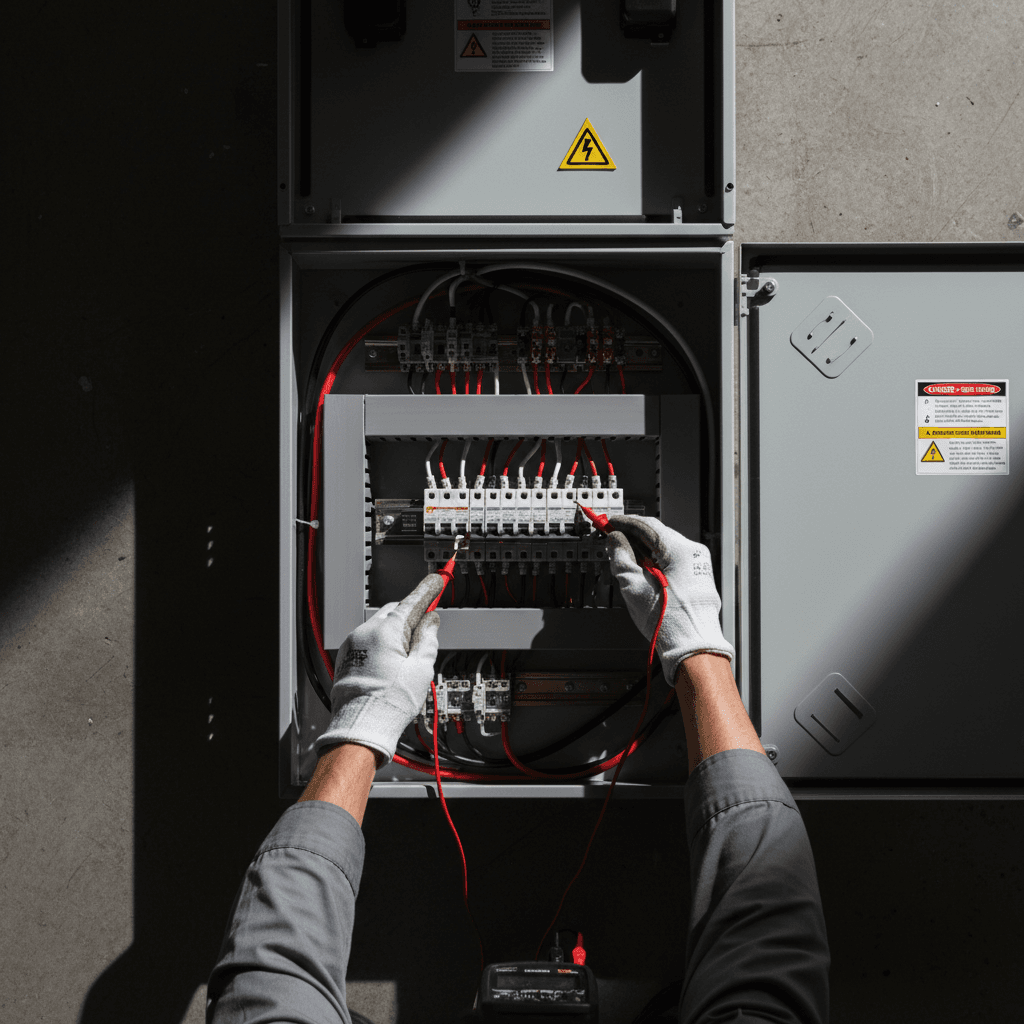 Electrician testing circuit with multimeter at breaker panel