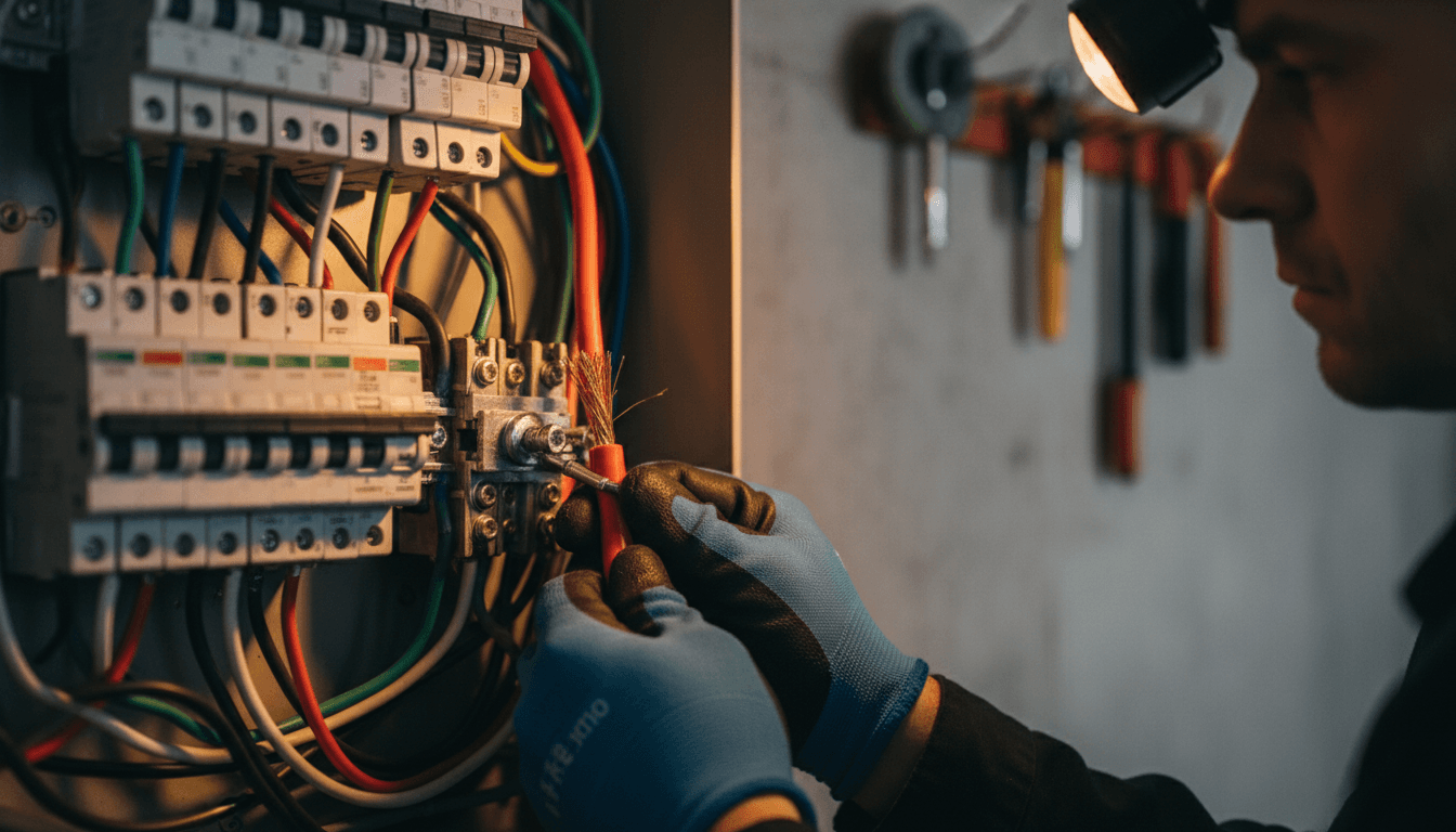 Electrician carefully connecting wiring in a residential electrical panel