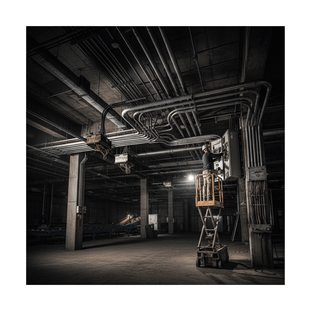 Large commercial electrical conduit installation in warehouse