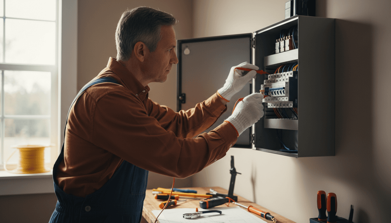 Experienced electrician inspecting residential electrical panel