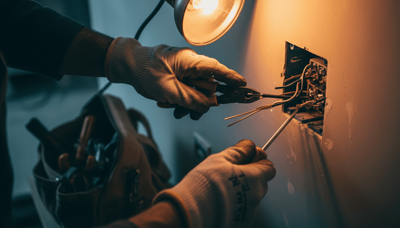 Electrician installing wiring into outlet box with precision tools