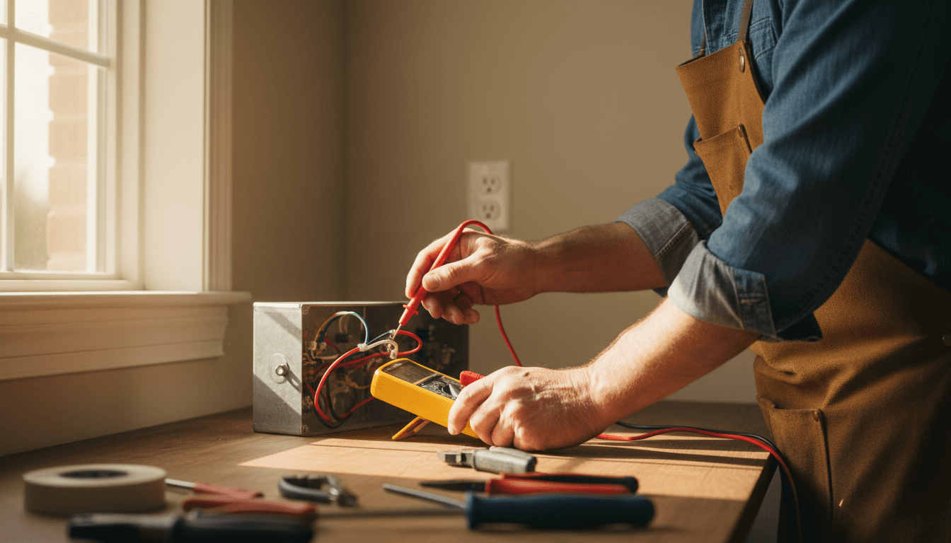 Electrician testing wiring with multimeter during residential electrical work