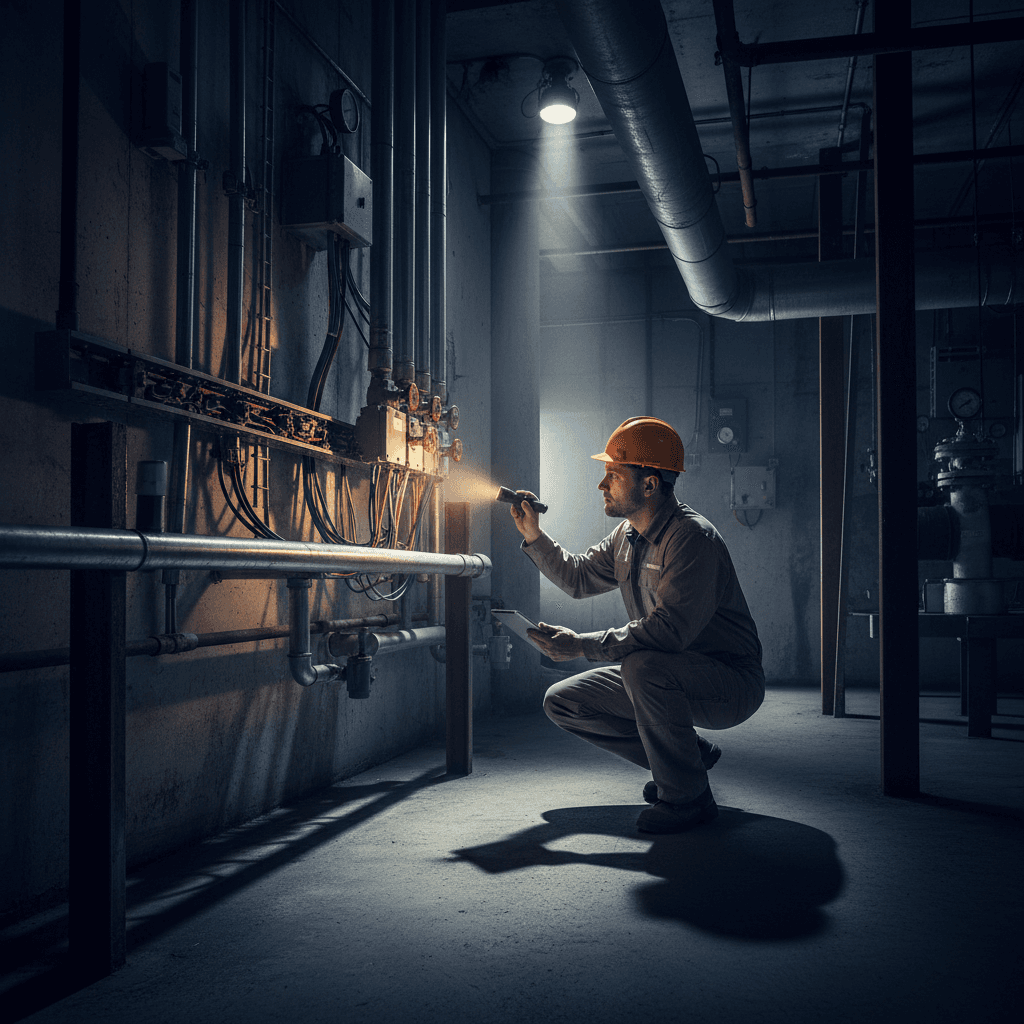 Electrician inspecting basement electrical system