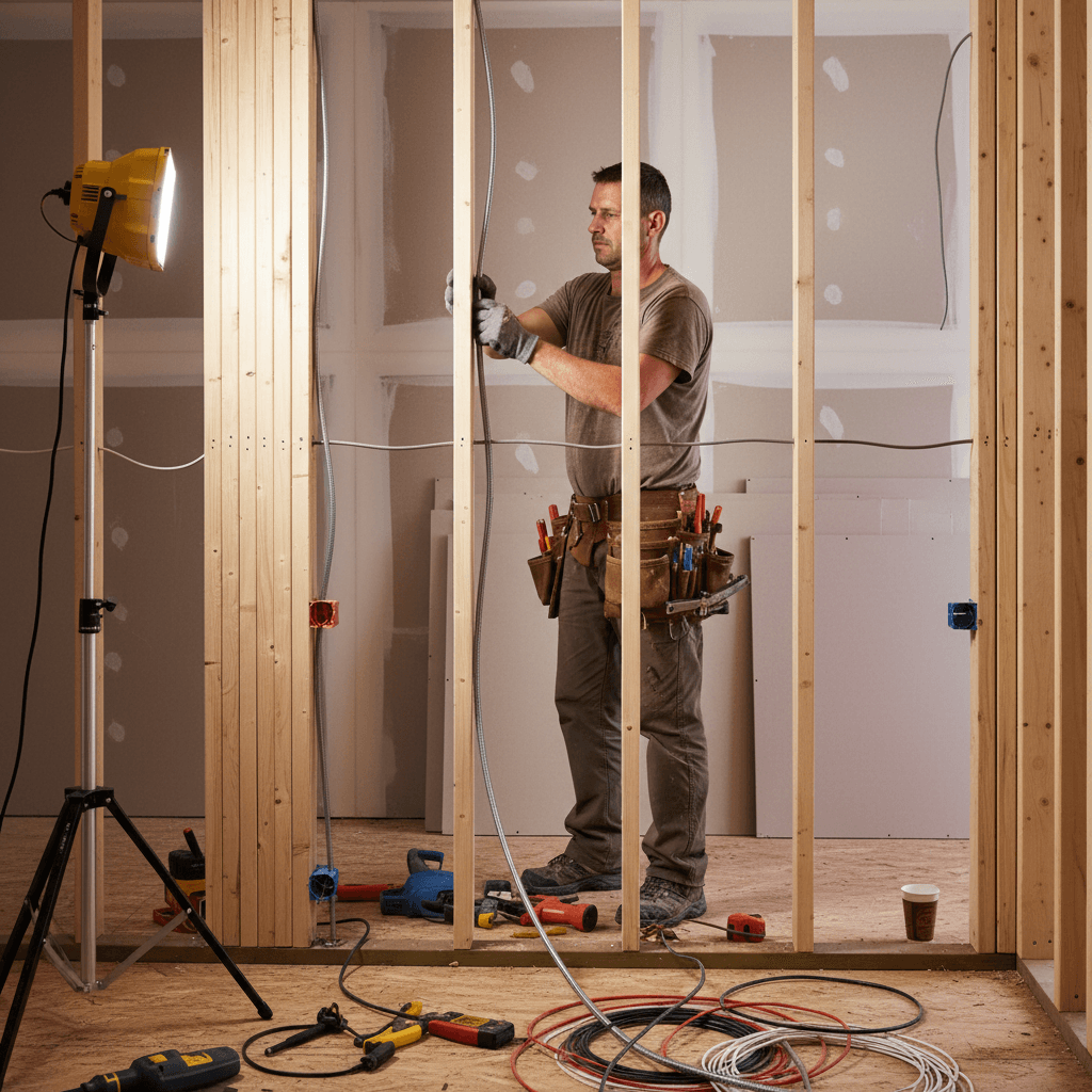 Electrician installing wiring in new construction framing